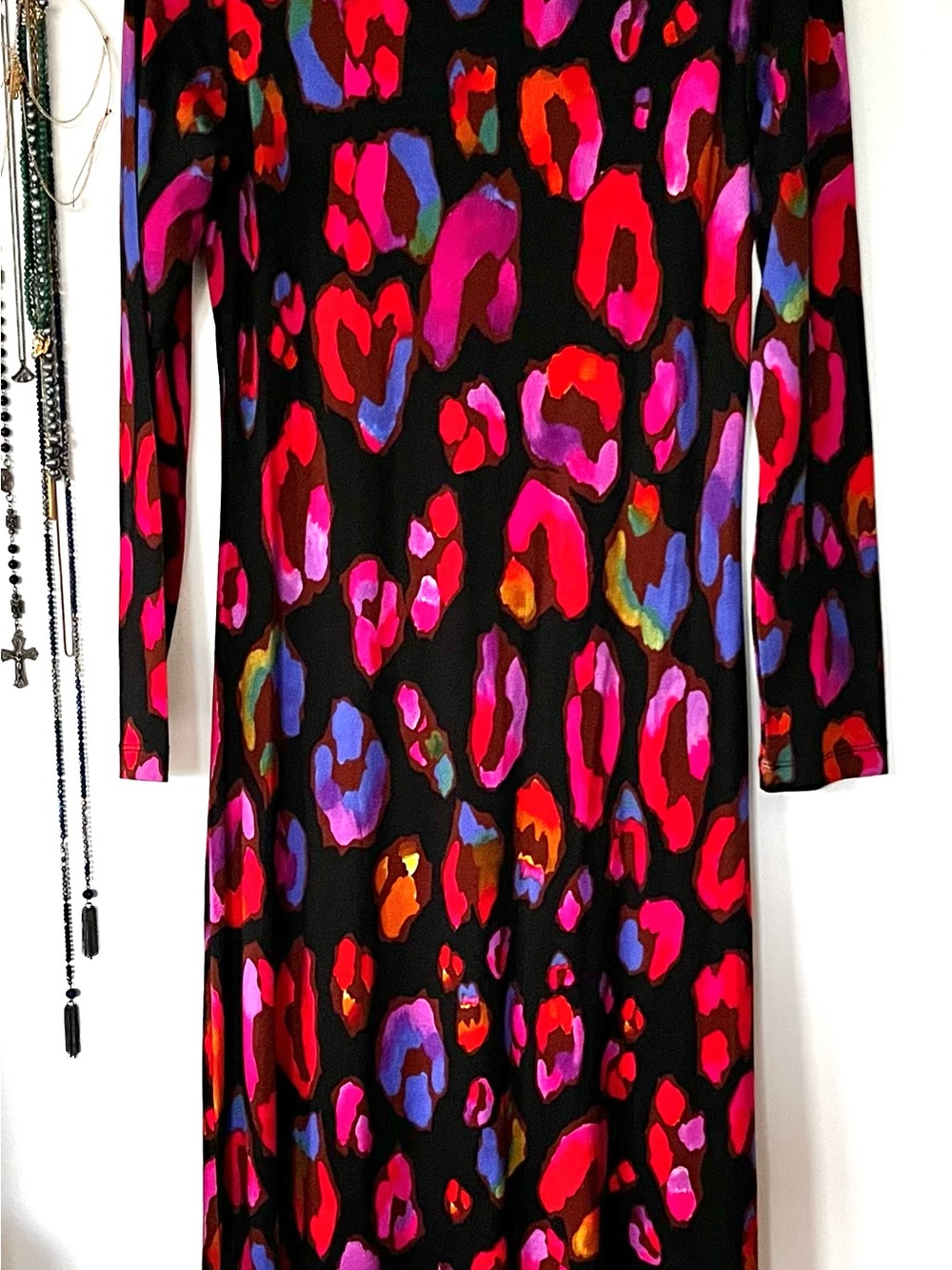 FARM Rio Black Midi Dress with Pink, Red, Purple & Orange Leopard Spots